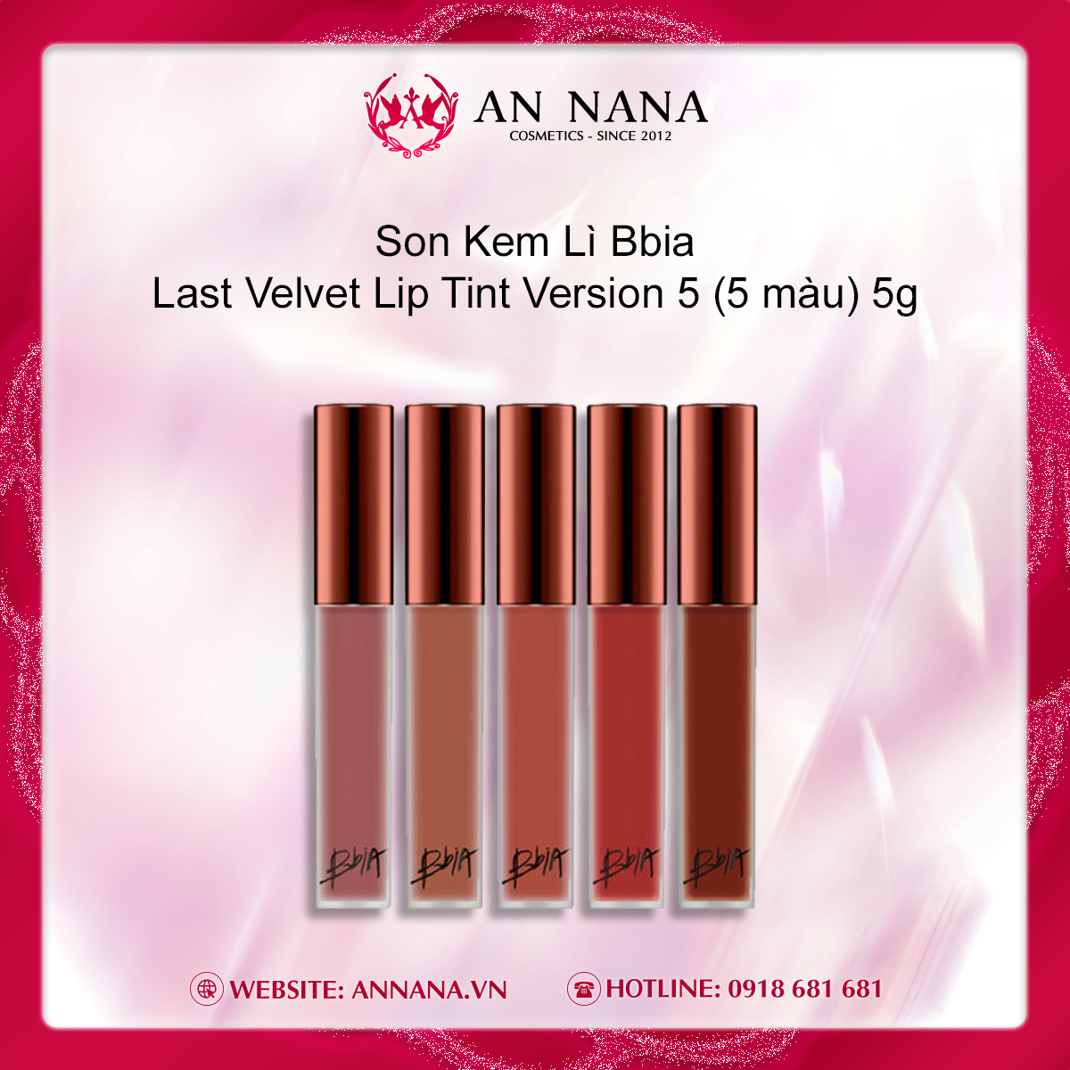 Son Kem Lì Bbia Last Velvet Lip Tint Version 5 (5 màu) 5g