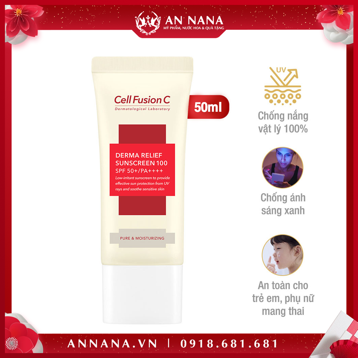 Kem Chống Nắng Chống Ánh Sáng Xanh Cell Fusion C Derma Relief 50+/PA++++ 50ml